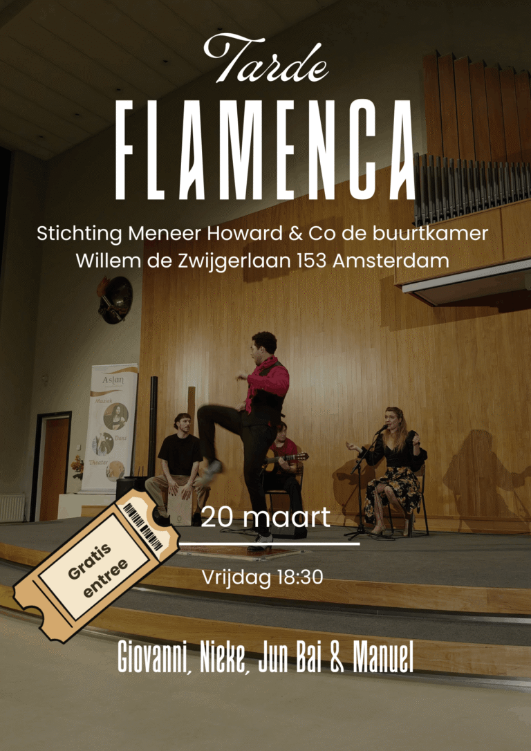 Flyer flamenco concert 20 maart Nieke van der Hoff, Jun Bai de Jong, Giovanni Damiao en Manuel Vega Abad
